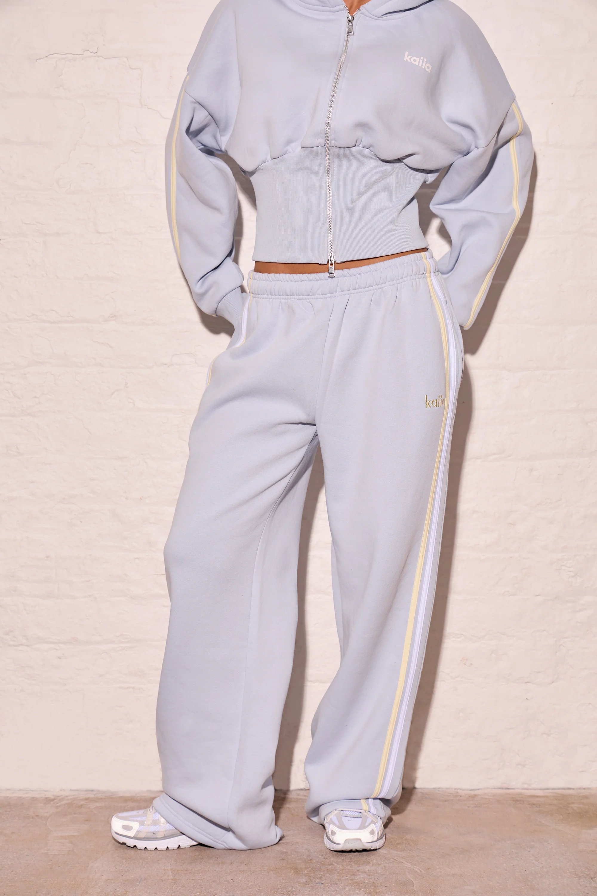 Kaiia Kaiia Side Stripe Wide Leg Joggers Dusty Blue & Lemon - 3