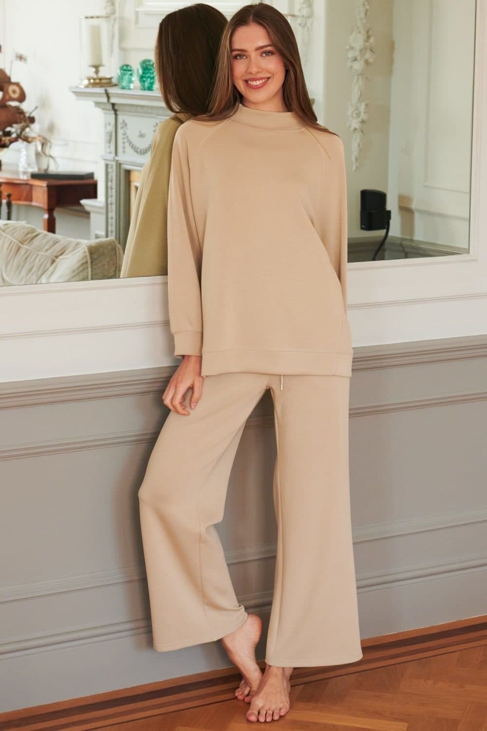 The Night Store The Night Store Women's Cotswold Turtle Neck Lounge Trouser Set in Beige