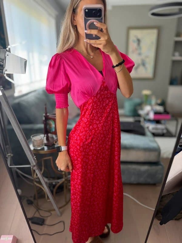 Never Fully Dressed Never Fully Dressed Pink Satin Leopard Print Midi Dres