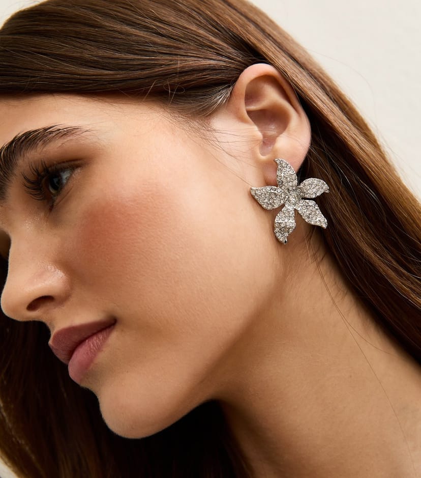New Look Large Silver Diamante Flower Stud Earrings New Look - 1