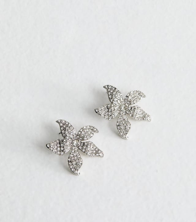 New Look Large Silver Diamante Flower Stud Earrings New Look - 3