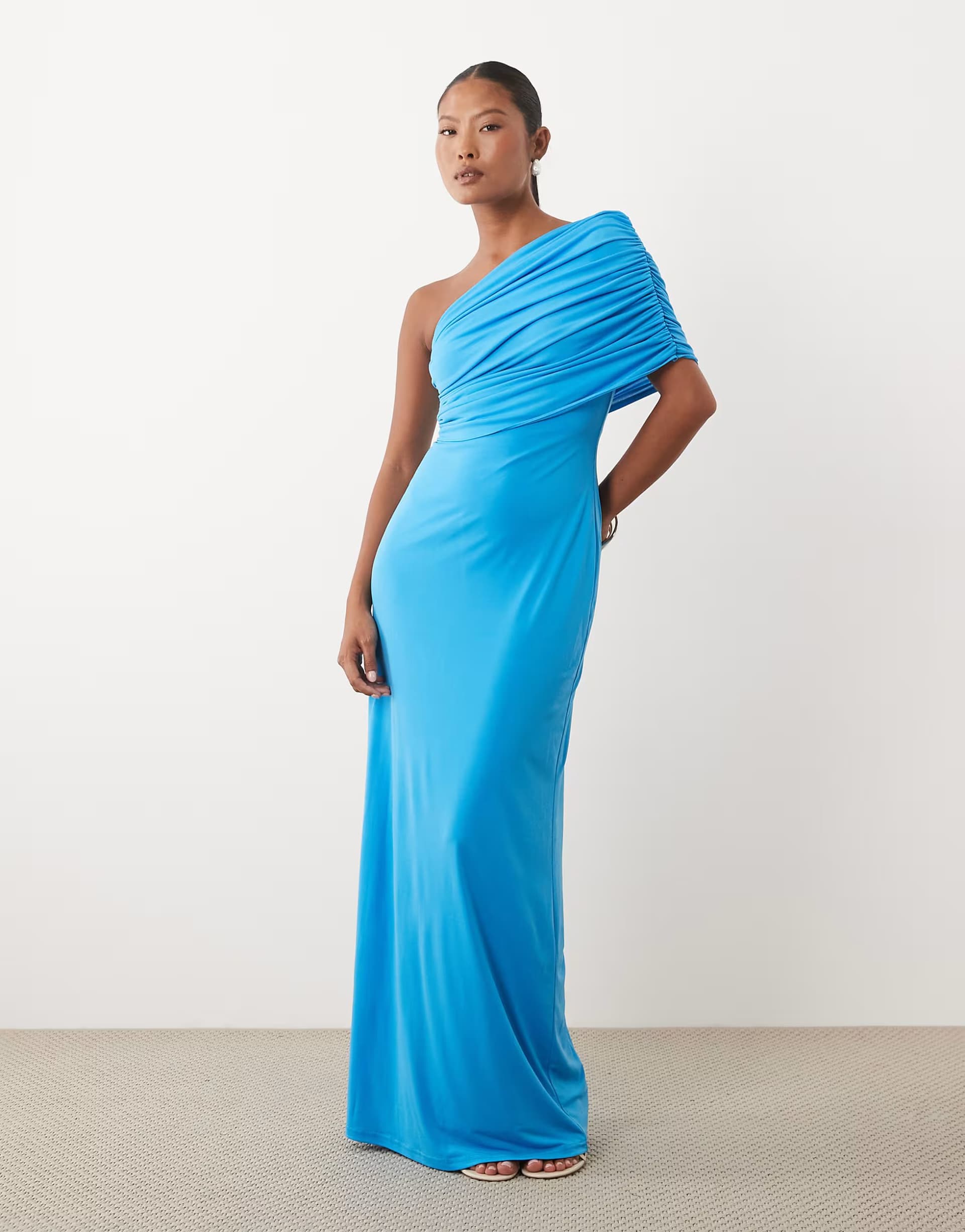 ASOS TFNC Petite slinky draped one shoulder maxi dress in bright blue