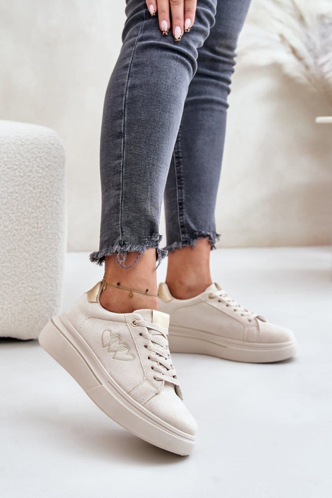 Love Lace Love Lace Women's Big Star Platform Insulated Lace Up Sneakers for Cold Days in Beige