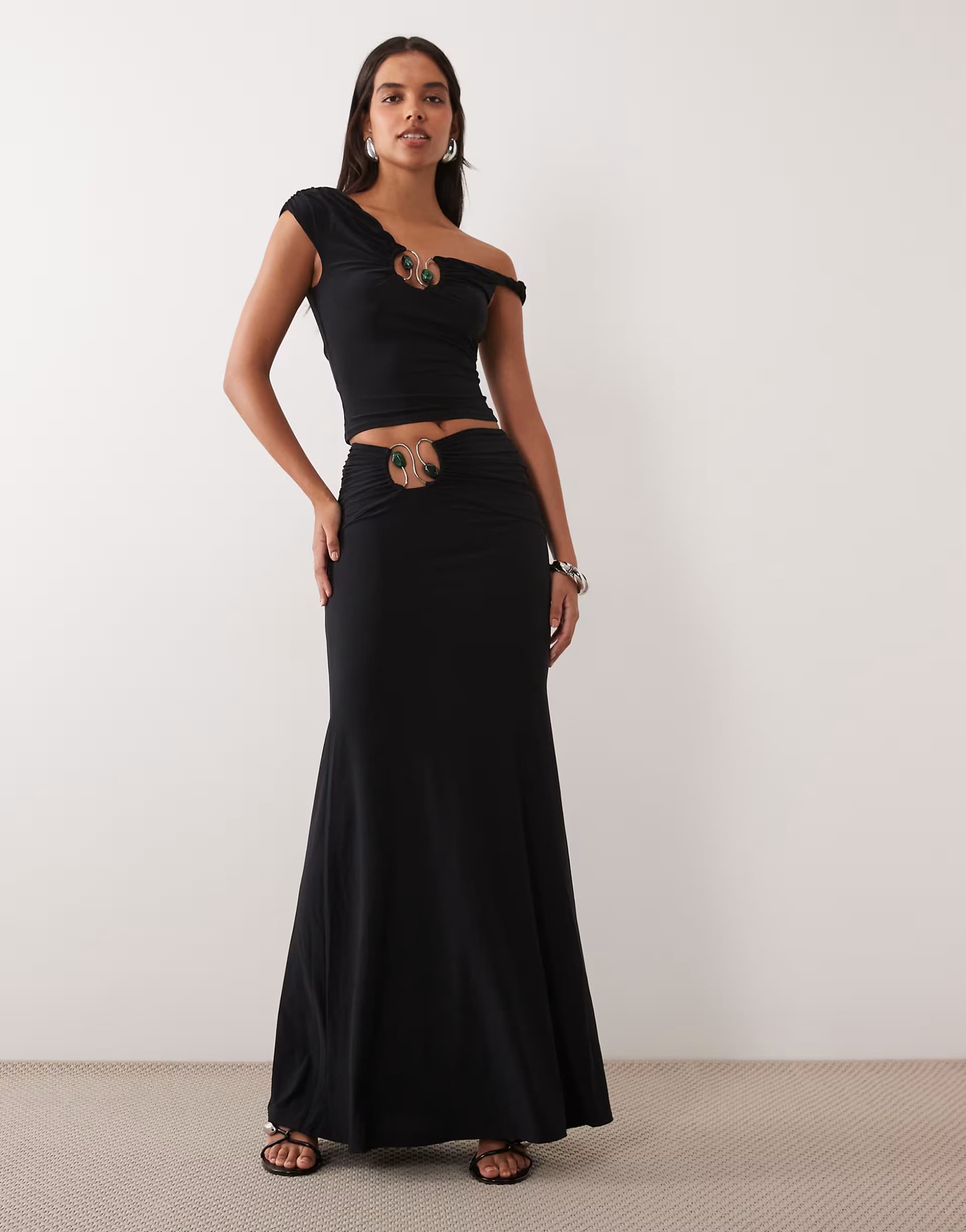 ASOS ASOS DESIGN co-ord slinky hardware detail gathered waist maxi skirt in black
