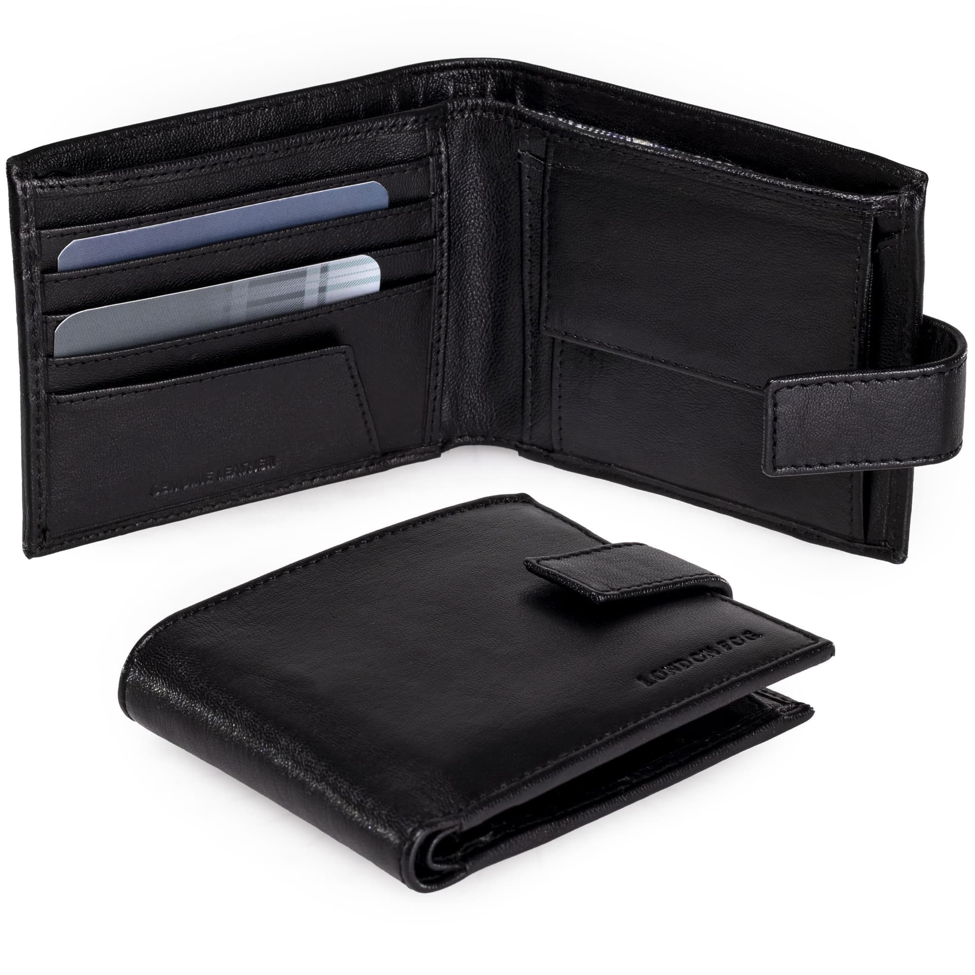 London Fog London Fog Men's Mens Genuine Leather Wallet RFID Blocking Coin Pocket Slim Black/Tan in Black