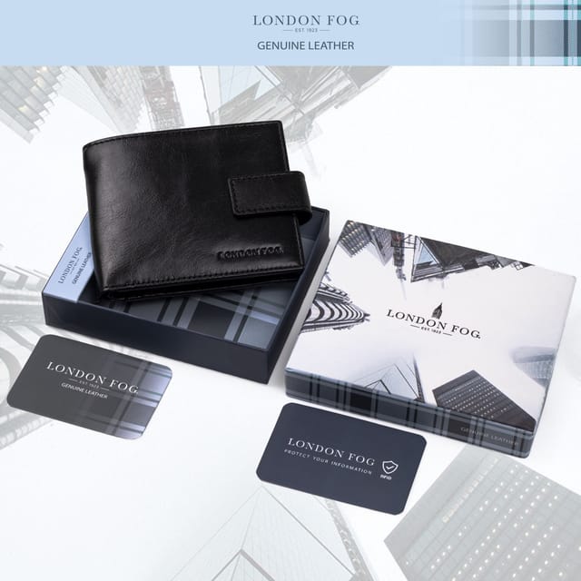 London Fog London Fog Men's Mens Genuine Leather Wallet RFID Blocking Coin Pocket Slim Black/Tan in Black - 3