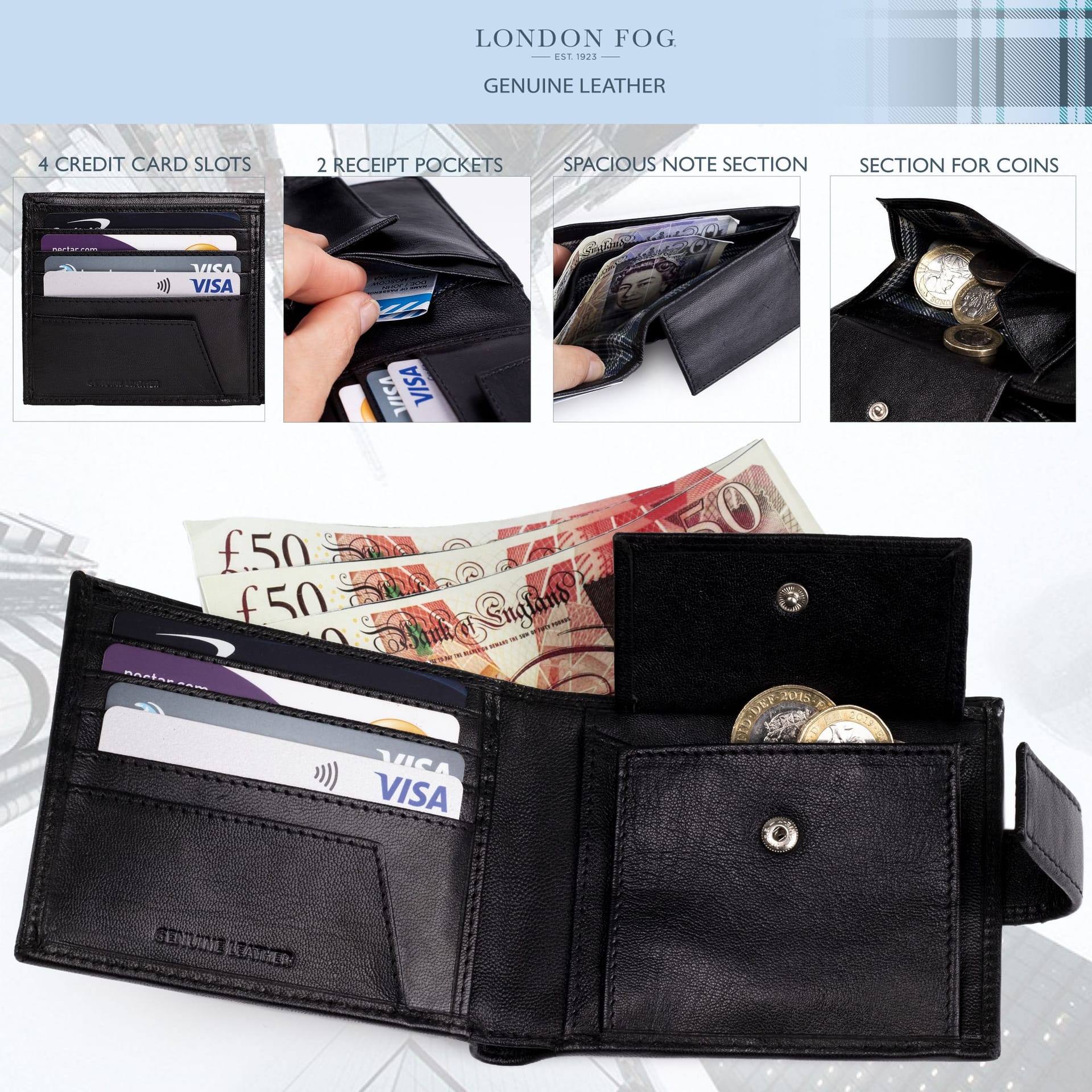 London Fog London Fog Men's Mens Genuine Leather Wallet RFID Blocking Coin Pocket Slim Black/Tan in Black - 4