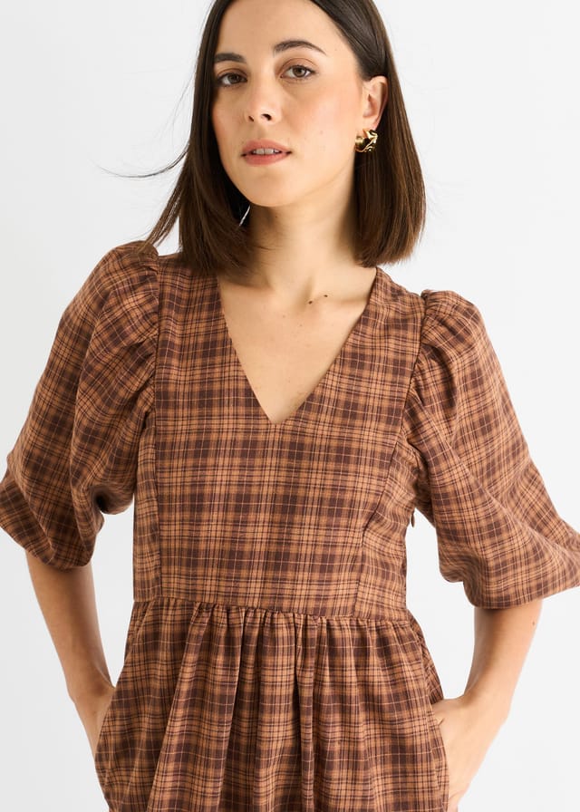 Gini London Gini London Women's Brown Cotton Puff Sleeves V Neck Midi Dress - 2
