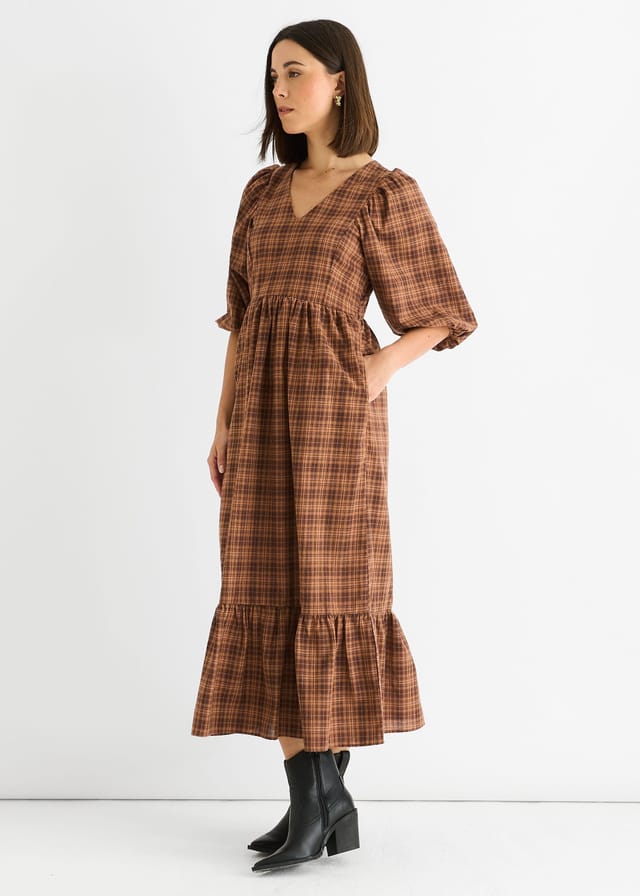 Gini London Gini London Women's Brown Cotton Puff Sleeves V Neck Midi Dress - 3