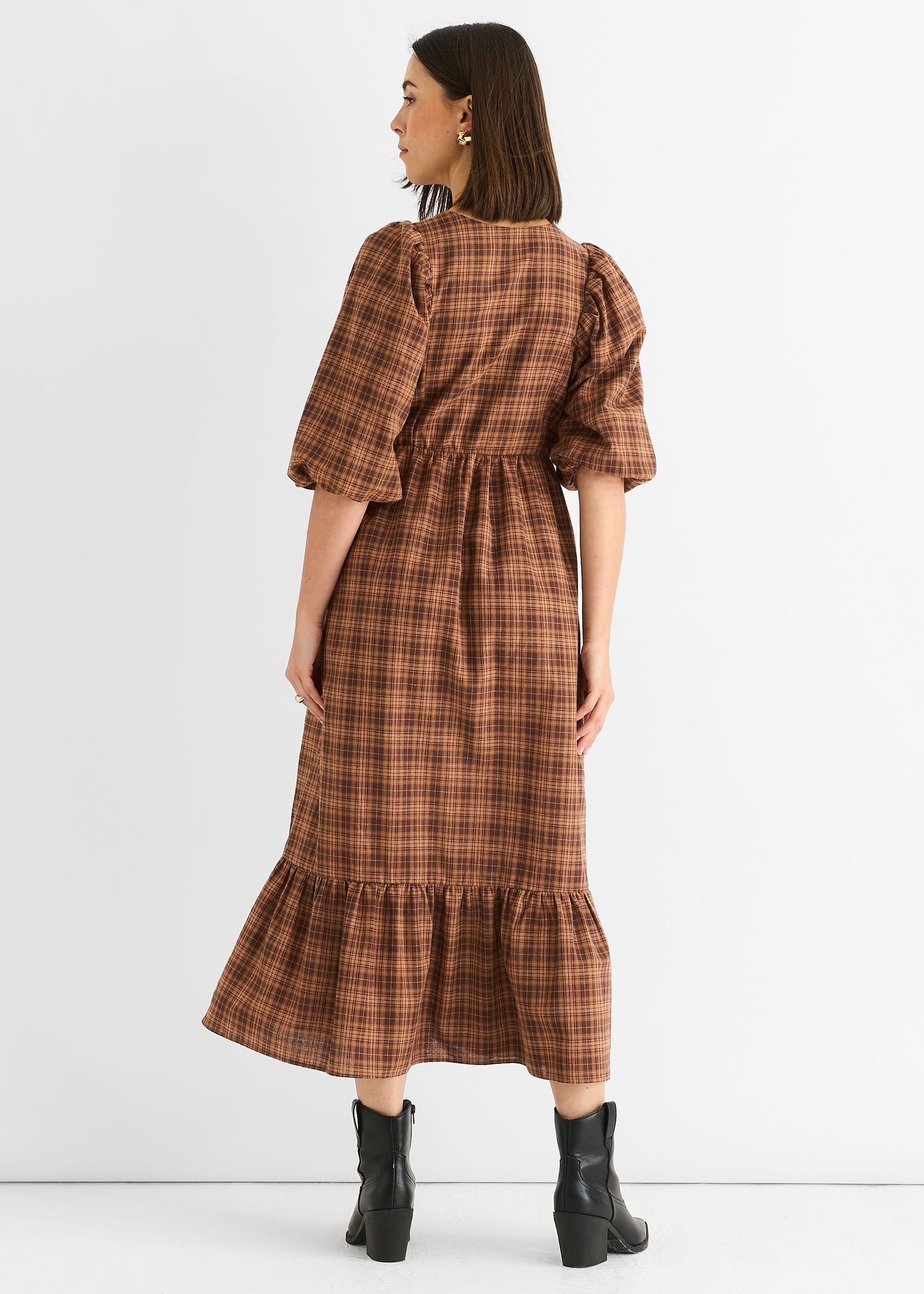 Gini London Gini London Women's Brown Cotton Puff Sleeves V Neck Midi Dress - 4