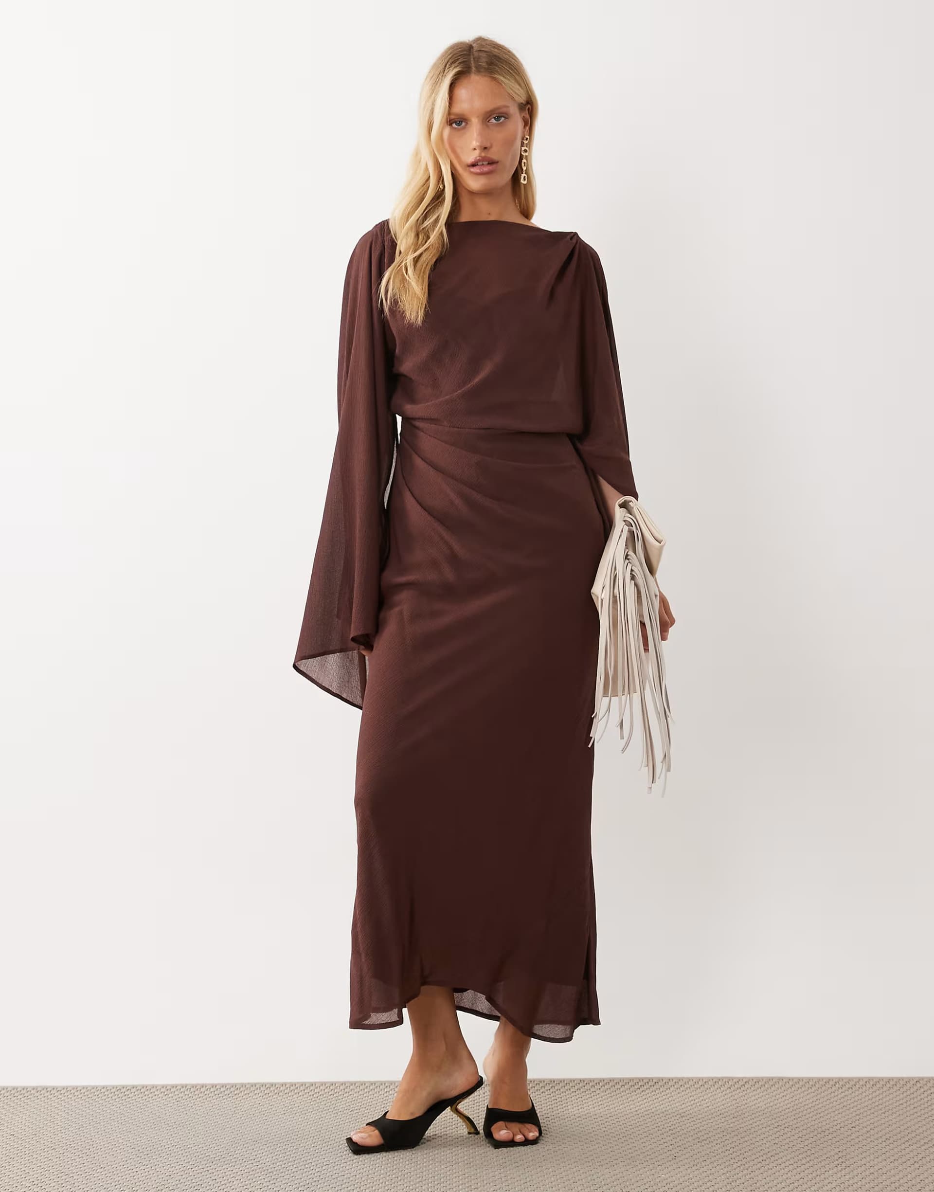 ASOS ASOS DESIGN kimono sleeve cape detail draped midaxi dress with open back in chocolate