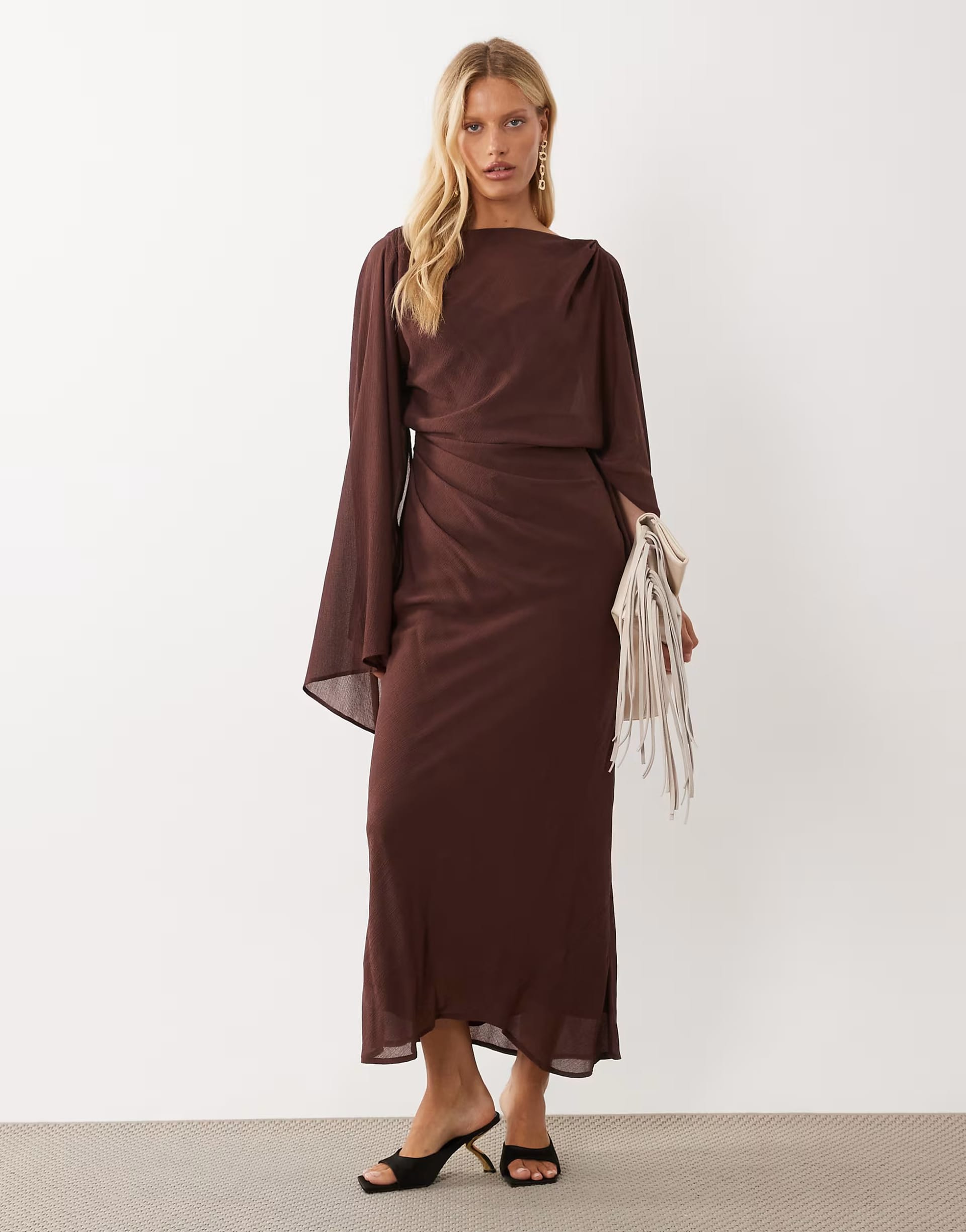 ASOS DESIGN Chocolate Kimono Sleeve Cape Detail Draped Midi