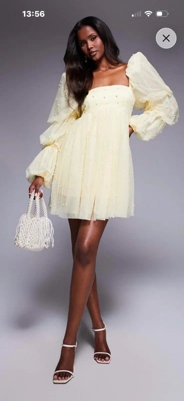 ASOS Yellow Tulle Baby Doll Dress with Pearl Embellishment