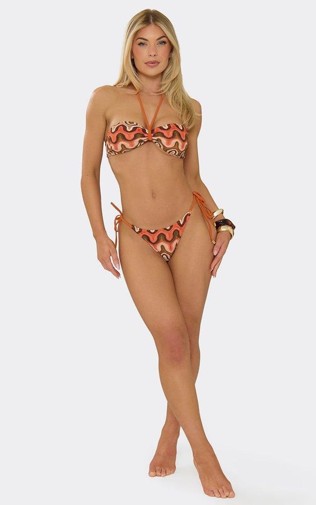 EGO Tie Side Bikini Bottom In Orange Textured Print, Women's Size UK L - 2
