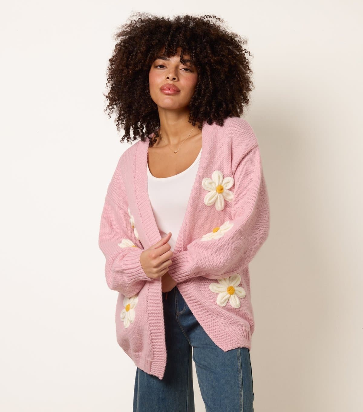 Blue Vanilla Women's Pink Longline Embroidered Daisy Cardigan Blue Vanilla New Look