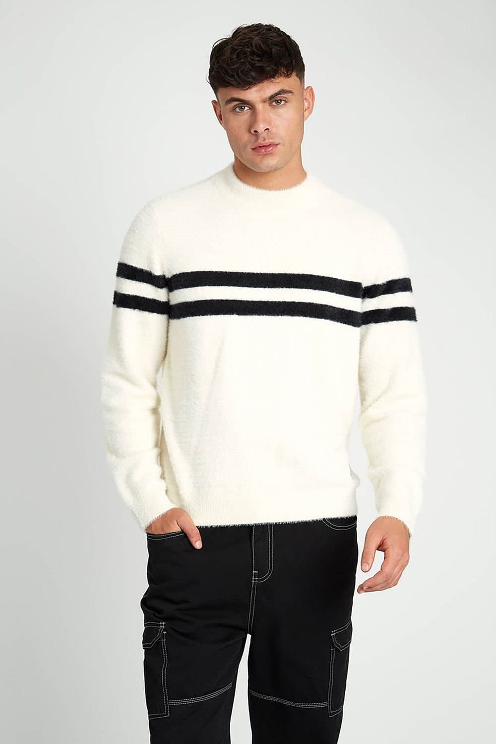 Native Youth Native Youth Men's Stripe Fuzzy Crew Neck Long Sleeve Jumper in Off-White