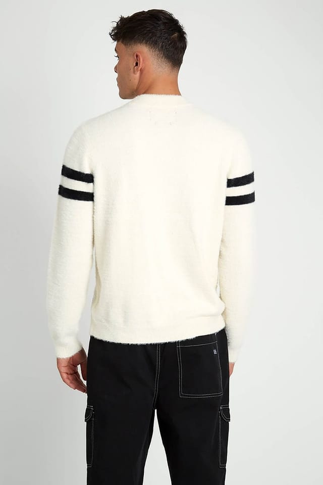 Native Youth Native Youth Men's Stripe Fuzzy Crew Neck Long Sleeve Jumper in Off-White - 2