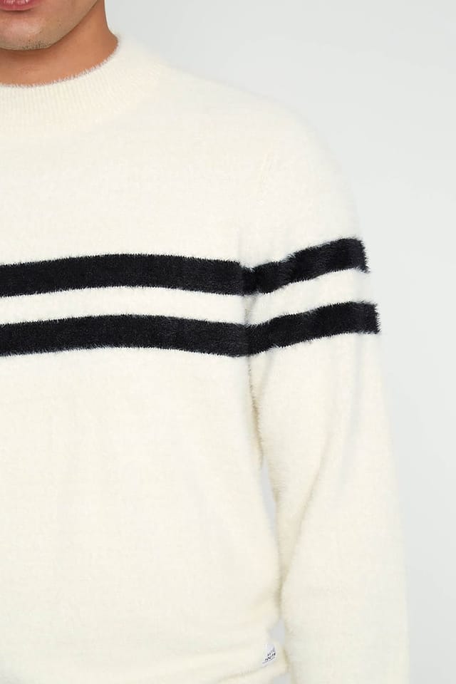Native Youth Native Youth Men's Stripe Fuzzy Crew Neck Long Sleeve Jumper in Off-White - 3