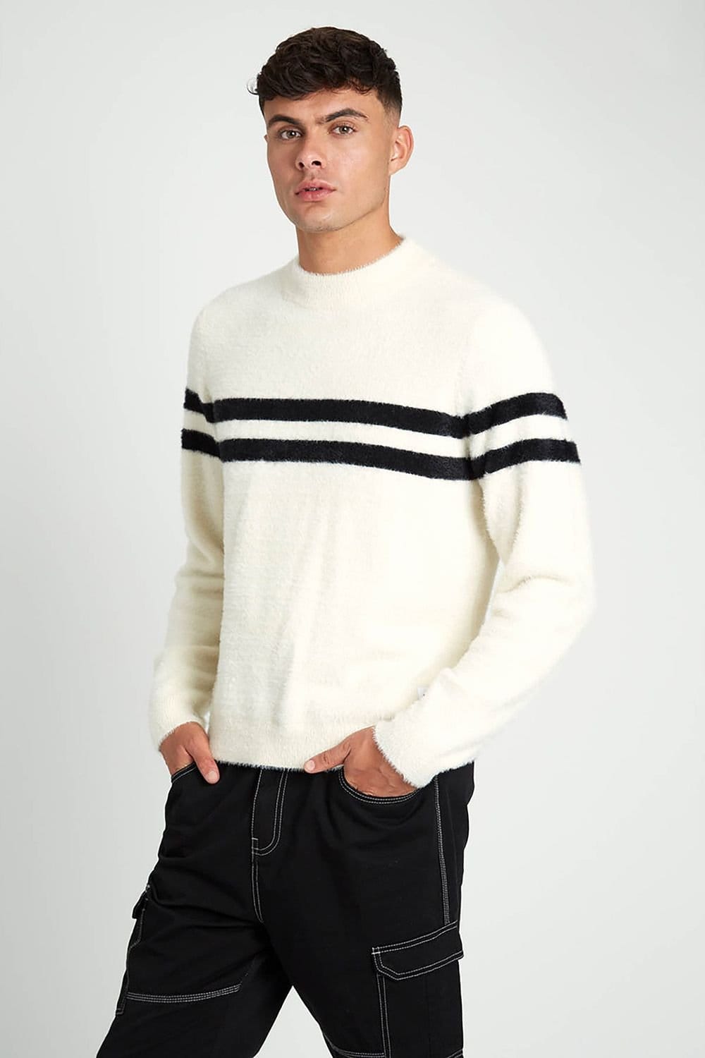 Native Youth Native Youth Men's Stripe Fuzzy Crew Neck Long Sleeve Jumper in Off-White - 4