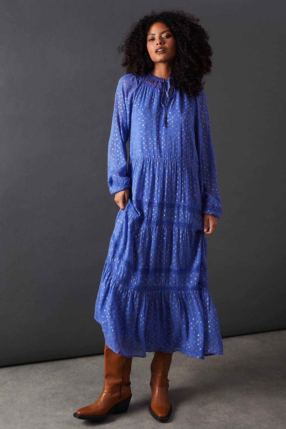 Warehouse Warehouse Women's Metallic Jacquard Dobby Lace Insert Midi Smock Dress in Blue