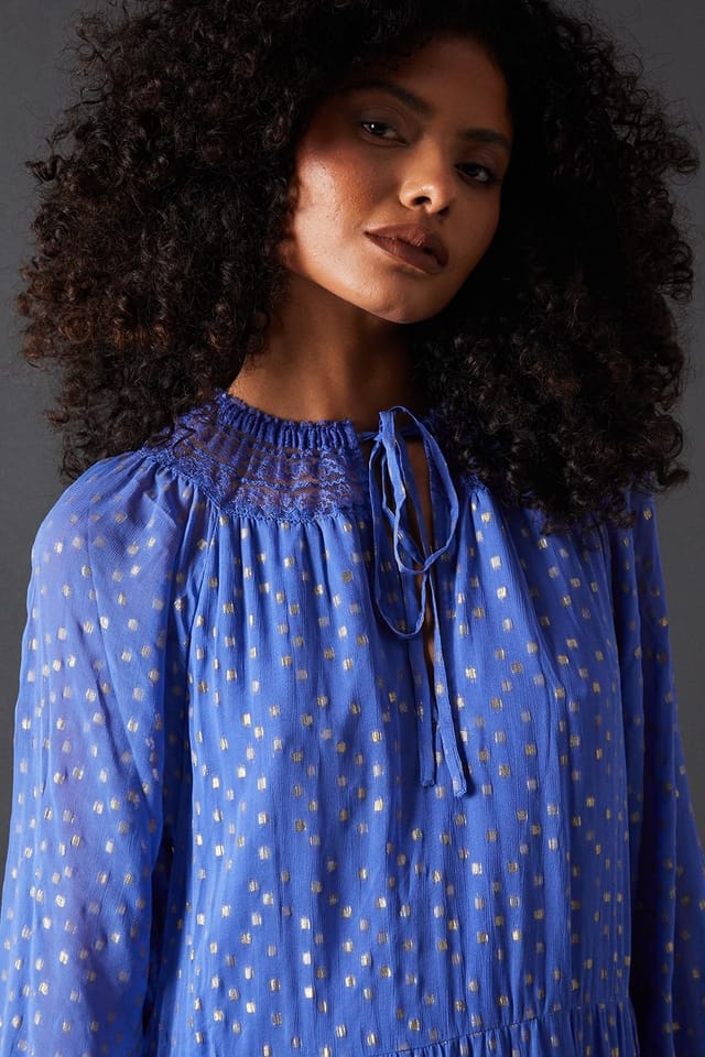 Warehouse Warehouse Women's Metallic Jacquard Dobby Lace Insert Midi Smock Dress in Blue - 2