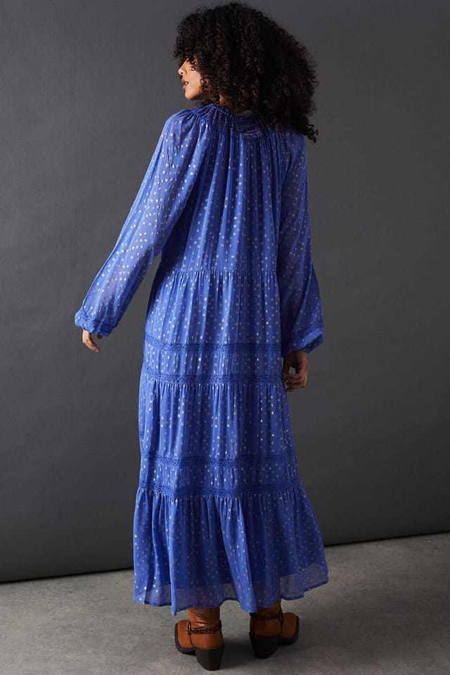 Warehouse Warehouse Women's Metallic Jacquard Dobby Lace Insert Midi Smock Dress in Blue - 3