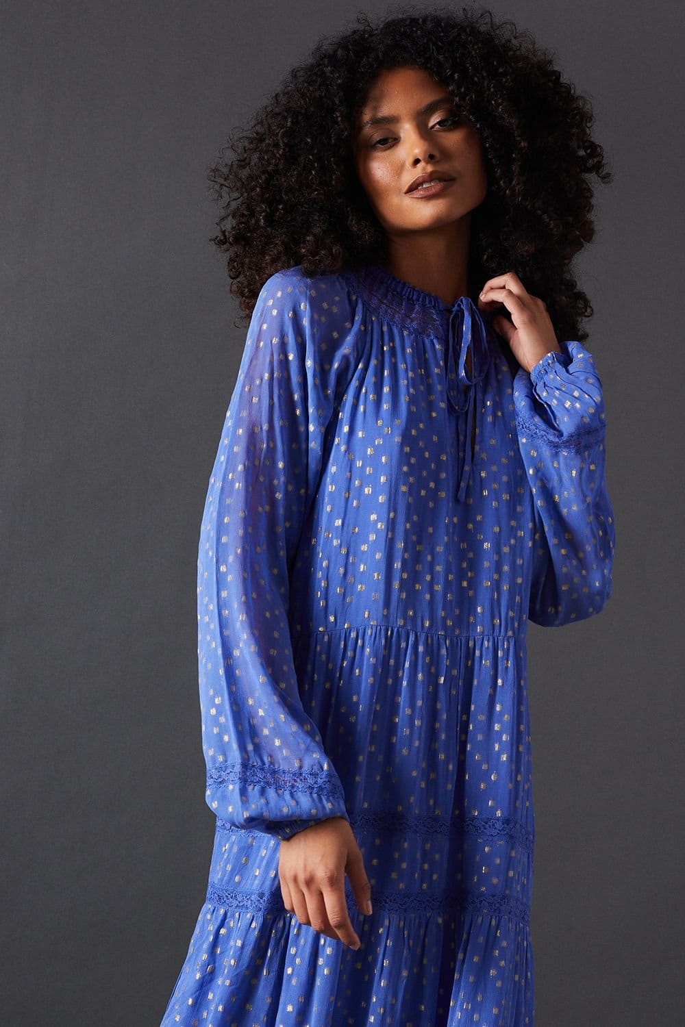 Warehouse Warehouse Women's Metallic Jacquard Dobby Lace Insert Midi Smock Dress in Blue - 4