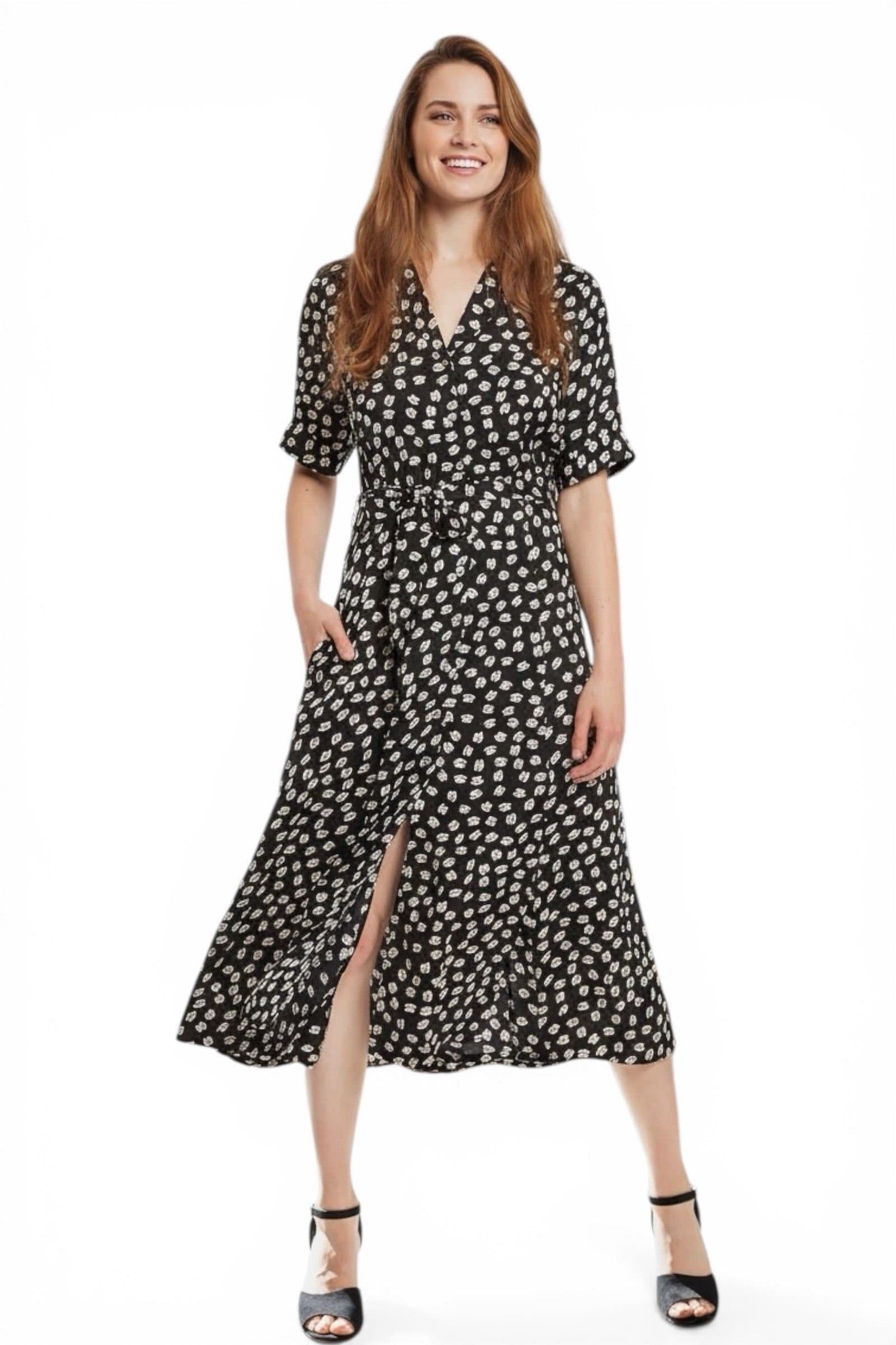 Louche Louche Women's Peta Call Me Print Short Sleeve Midi Shirt Dress in Black
