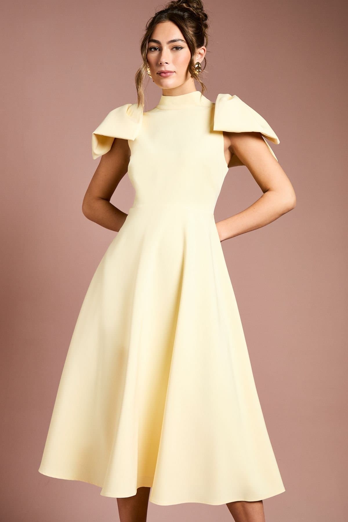 Coast Coast Women's Bow Shoulder Crepe Midi Dress in Lemon