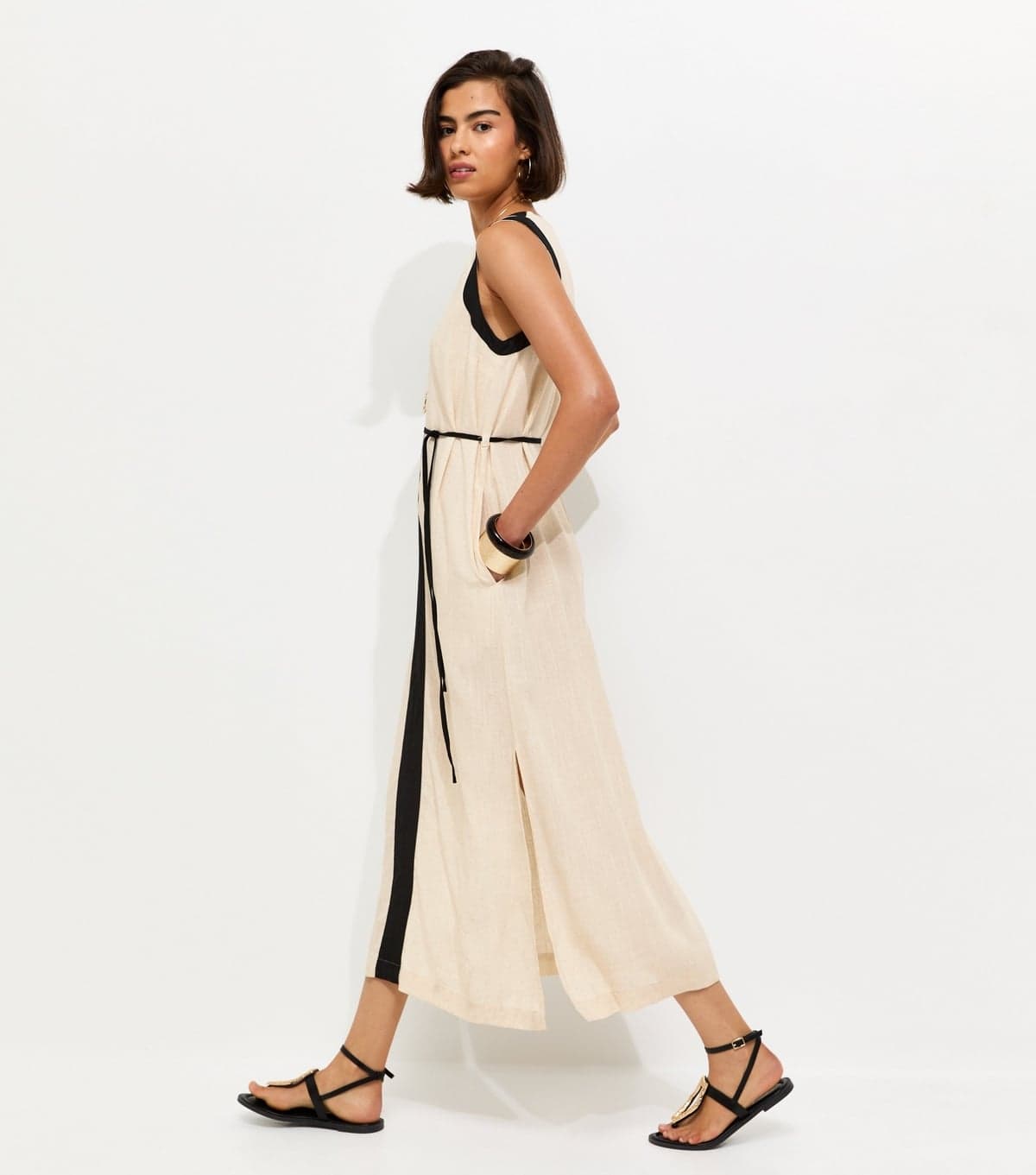 New Look Women's Cream Contrast Trim Column Midi Dress New Look