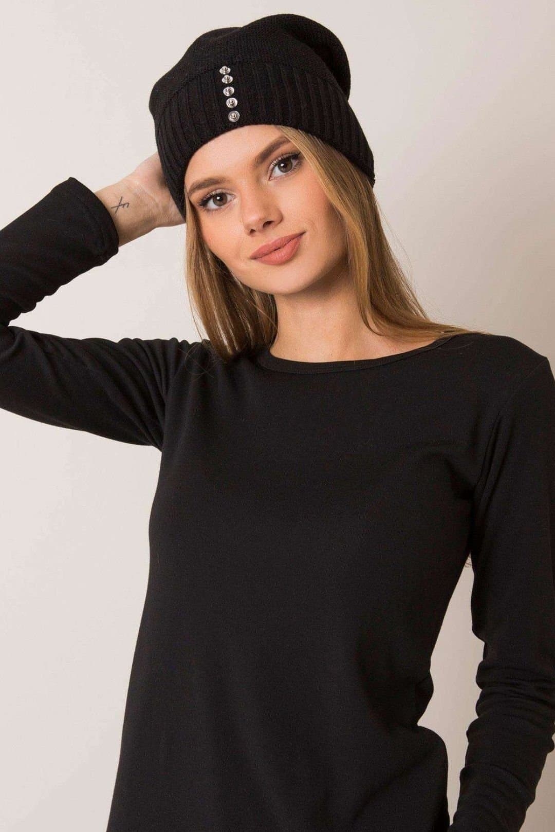 Love Lace Love Lace Black Beanie Hat with Pearls