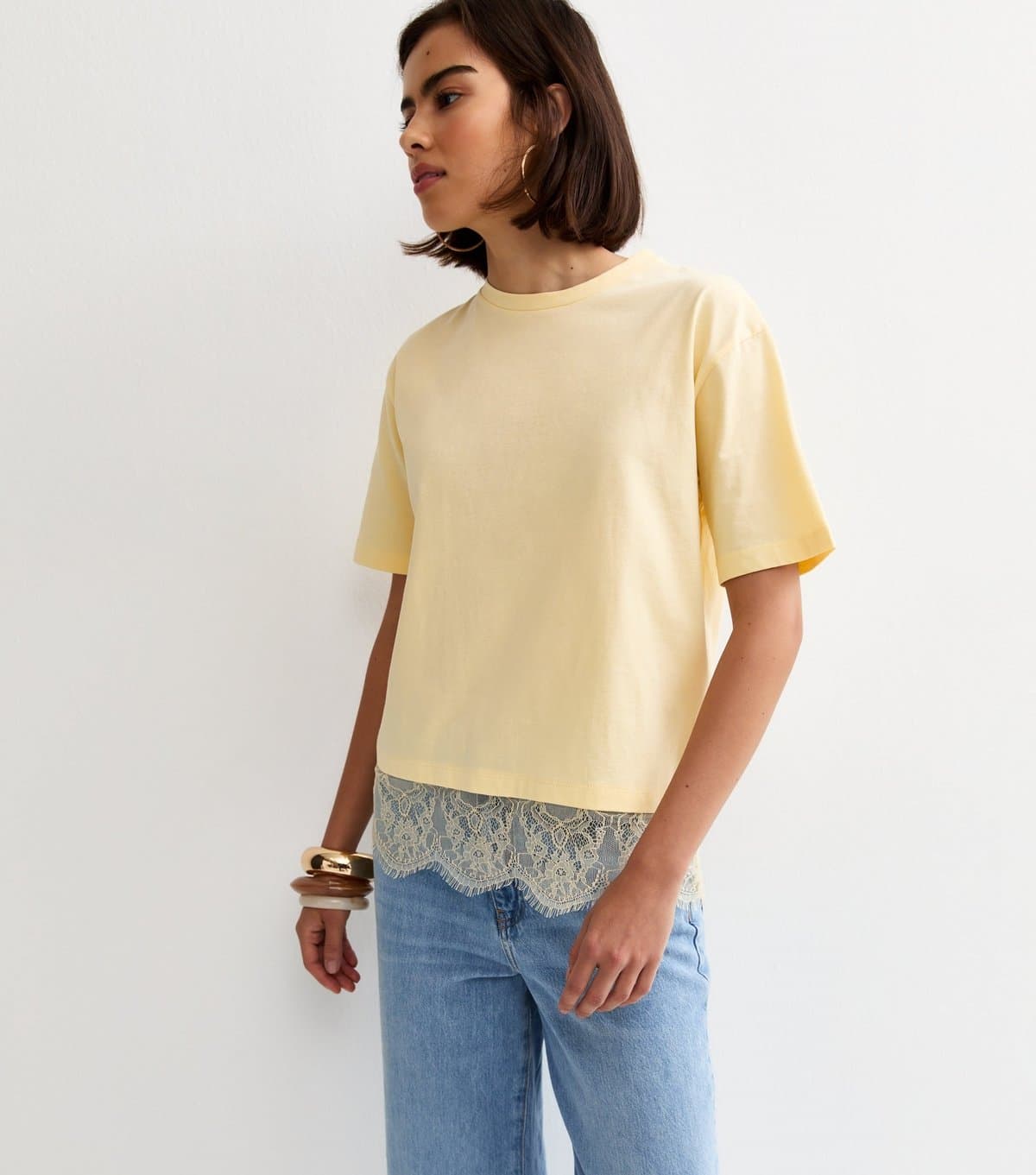 New Look Women's Light Yellow Lace Hem Boxy T-Shirt New Look
