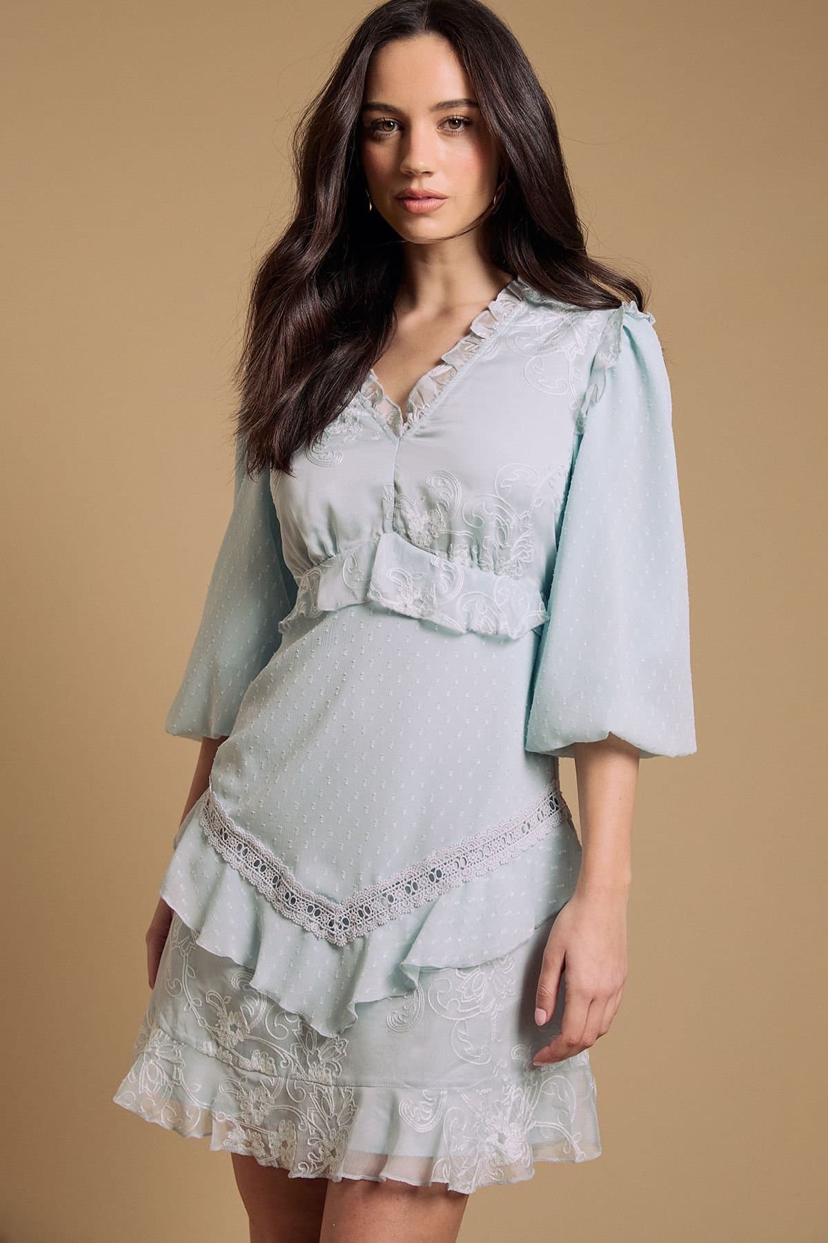 Oasis Oasis Women's Chiffon Mix Mini Dress With Tie Back in Baby Blue