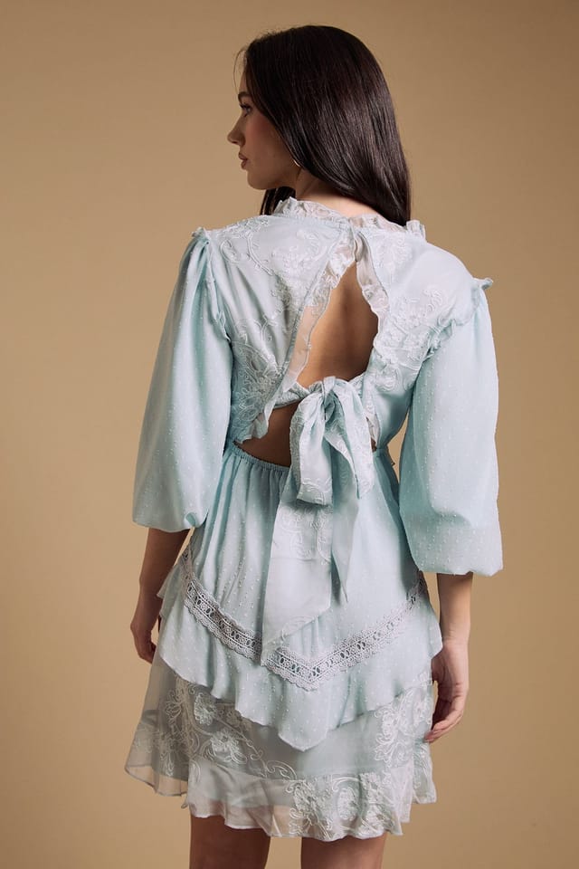 Oasis Oasis Women's Chiffon Mix Mini Dress With Tie Back in Baby Blue - 3