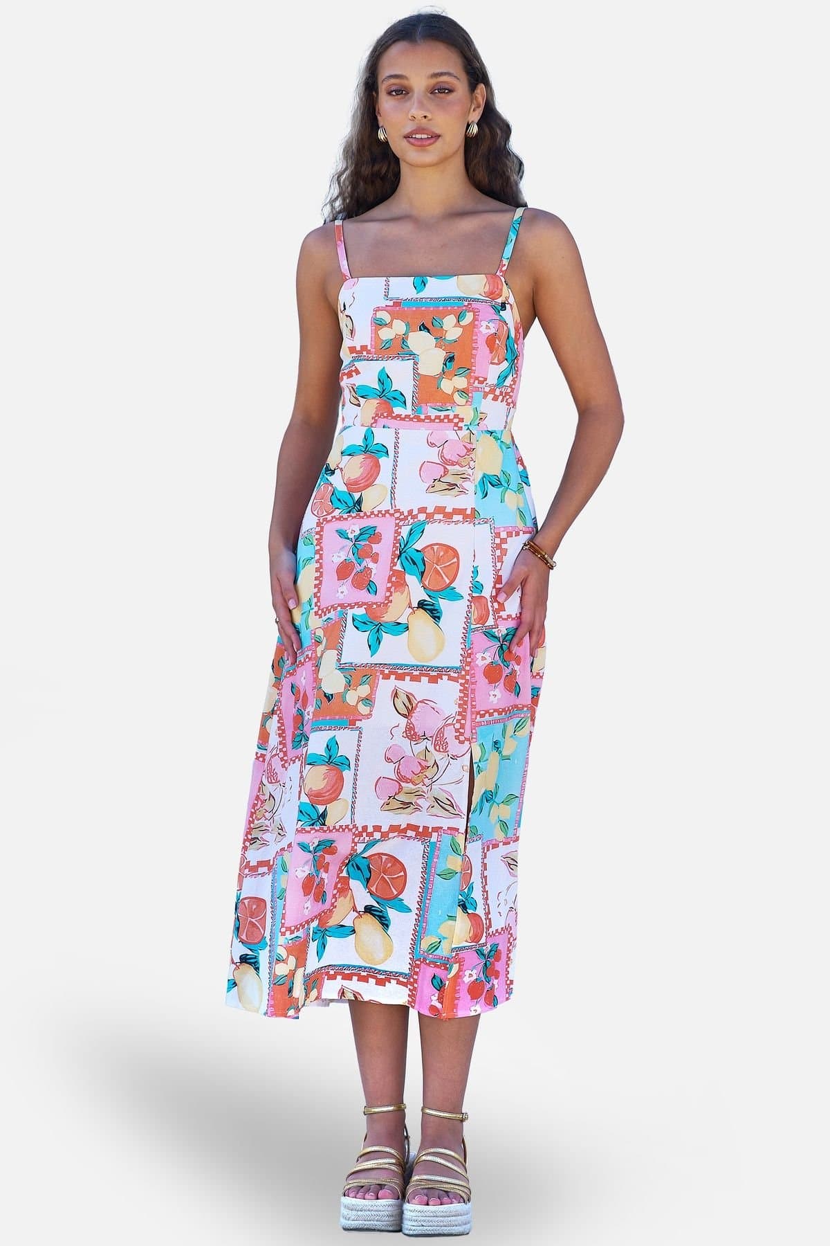 Yumi Yumi Women's Multicolour Fruit Print Midi Sun Dress Ruched Back in Cool White
