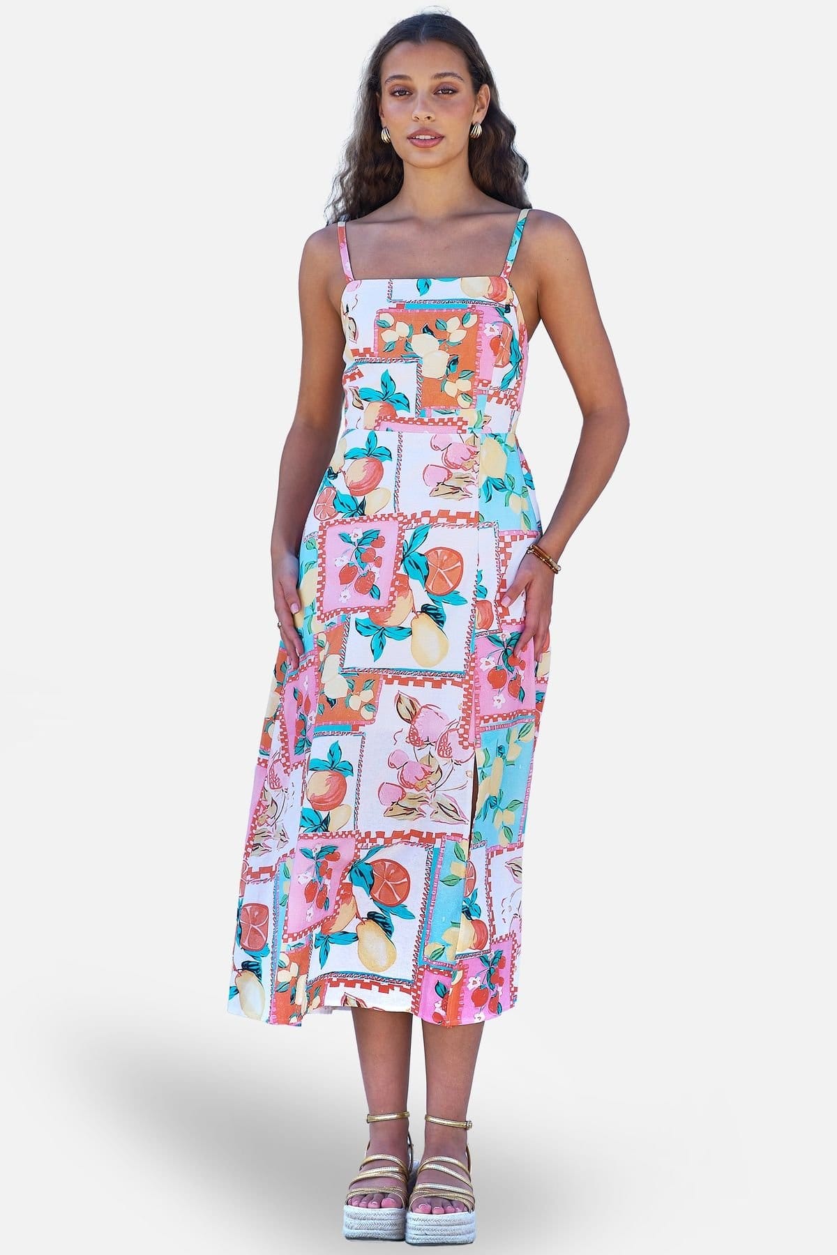 Yumi Women's Multicolour Fruit Print Midi Sun Dress Ruched Back in Cool White