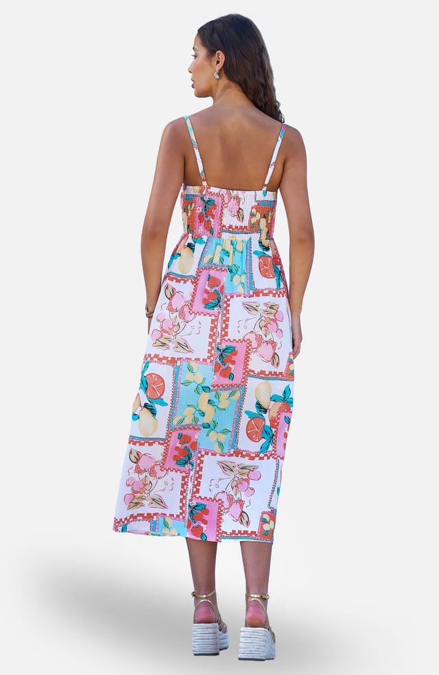 Yumi Yumi Women's Multicolour Fruit Print Midi Sun Dress Ruched Back in Cool White - 2