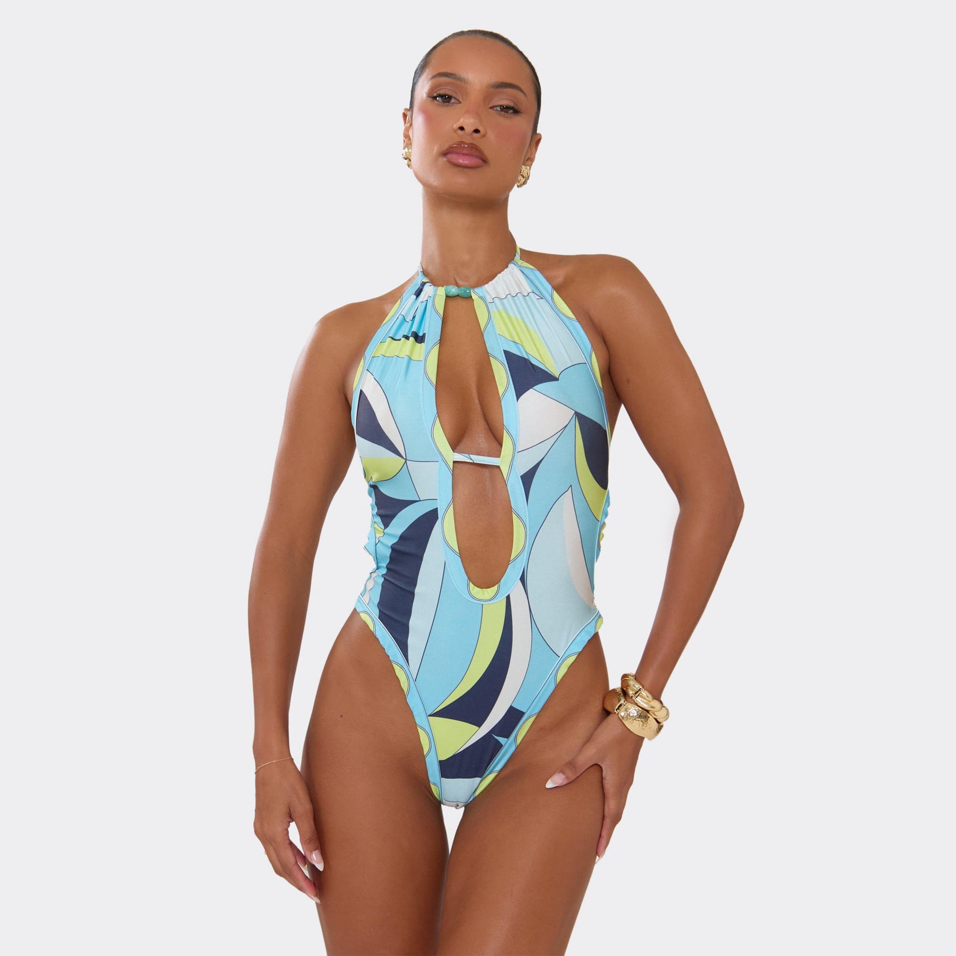 EGO Halterneck Bead Detail Cut Out Swimsuit In Multi Abstract Print, Women's Size UK 6