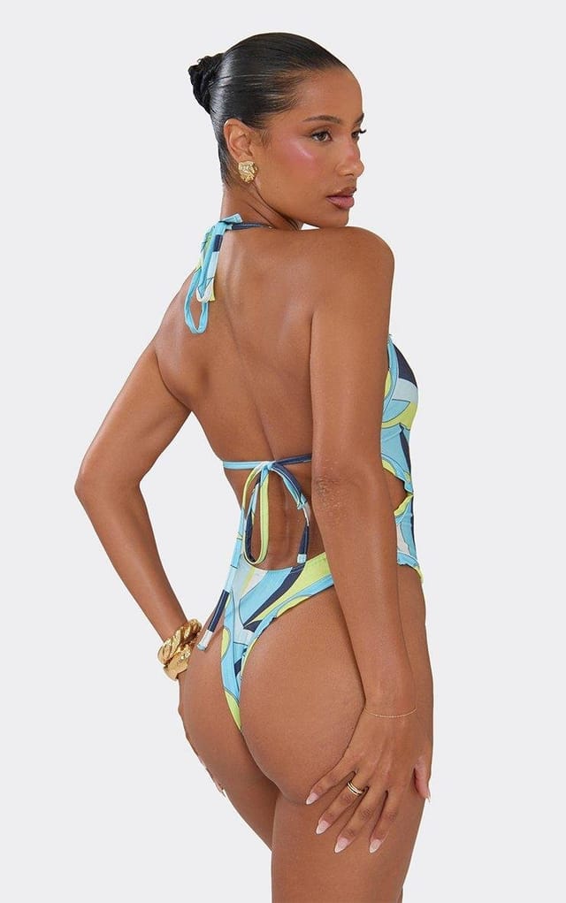 EGO Halterneck Bead Detail Cut Out Swimsuit In Multi Abstract Print, Women's Size UK 6 - 2