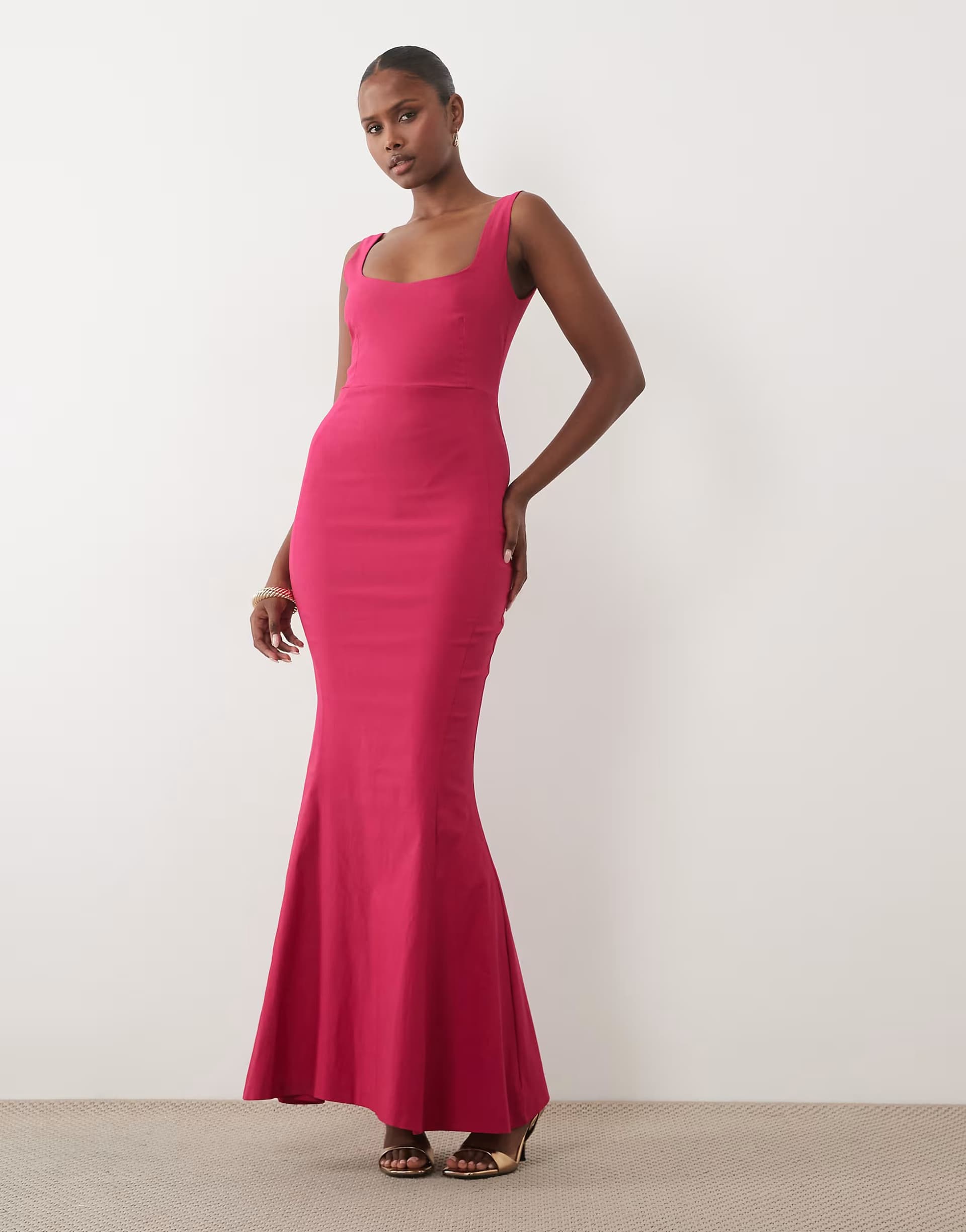 ASOS Vesper bengaline square neck fishtail maxi dress in fuschia