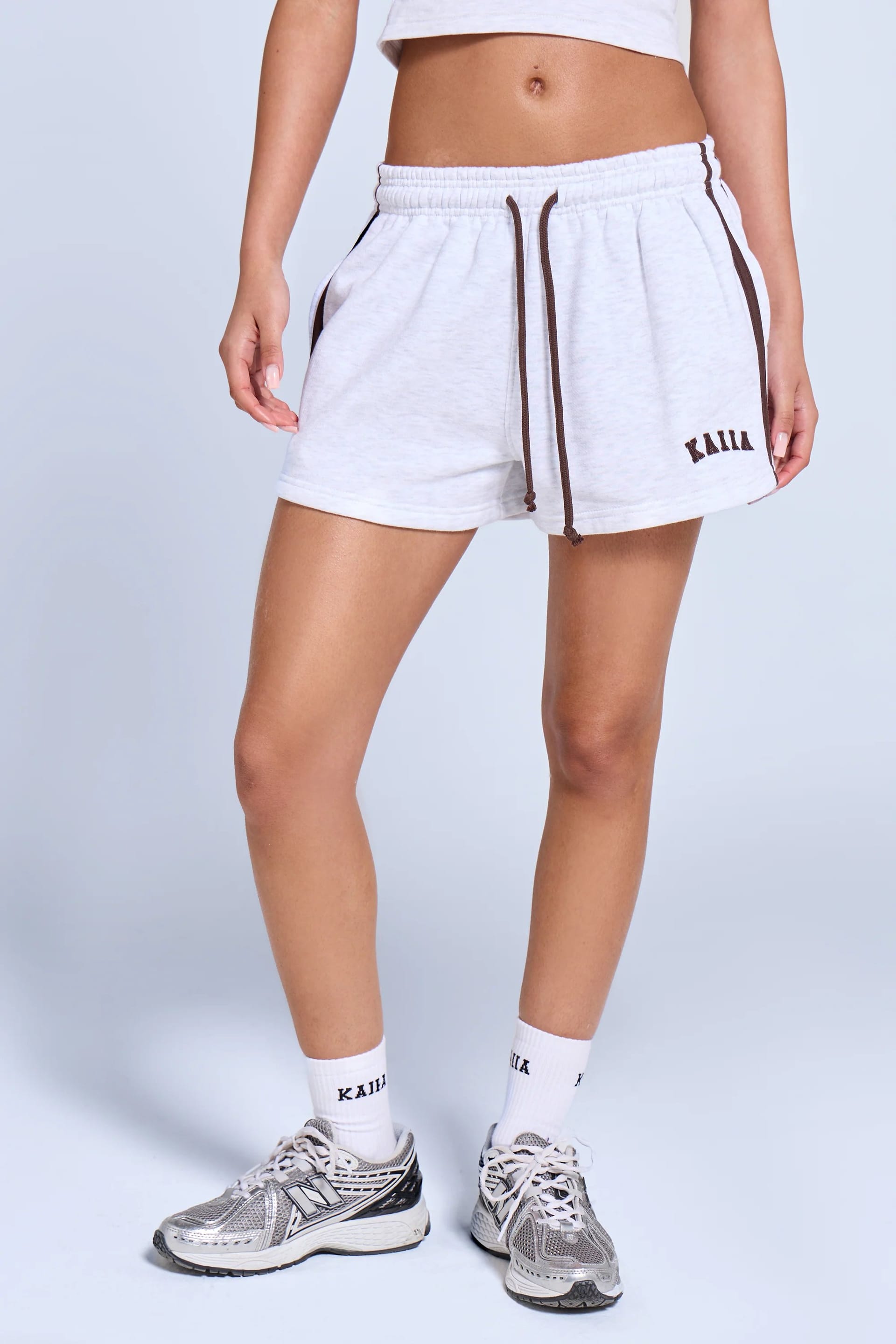 Kaiia Kaiia Sport Side Stripe Mini Shorts Light Grey Marl & Brown - 4