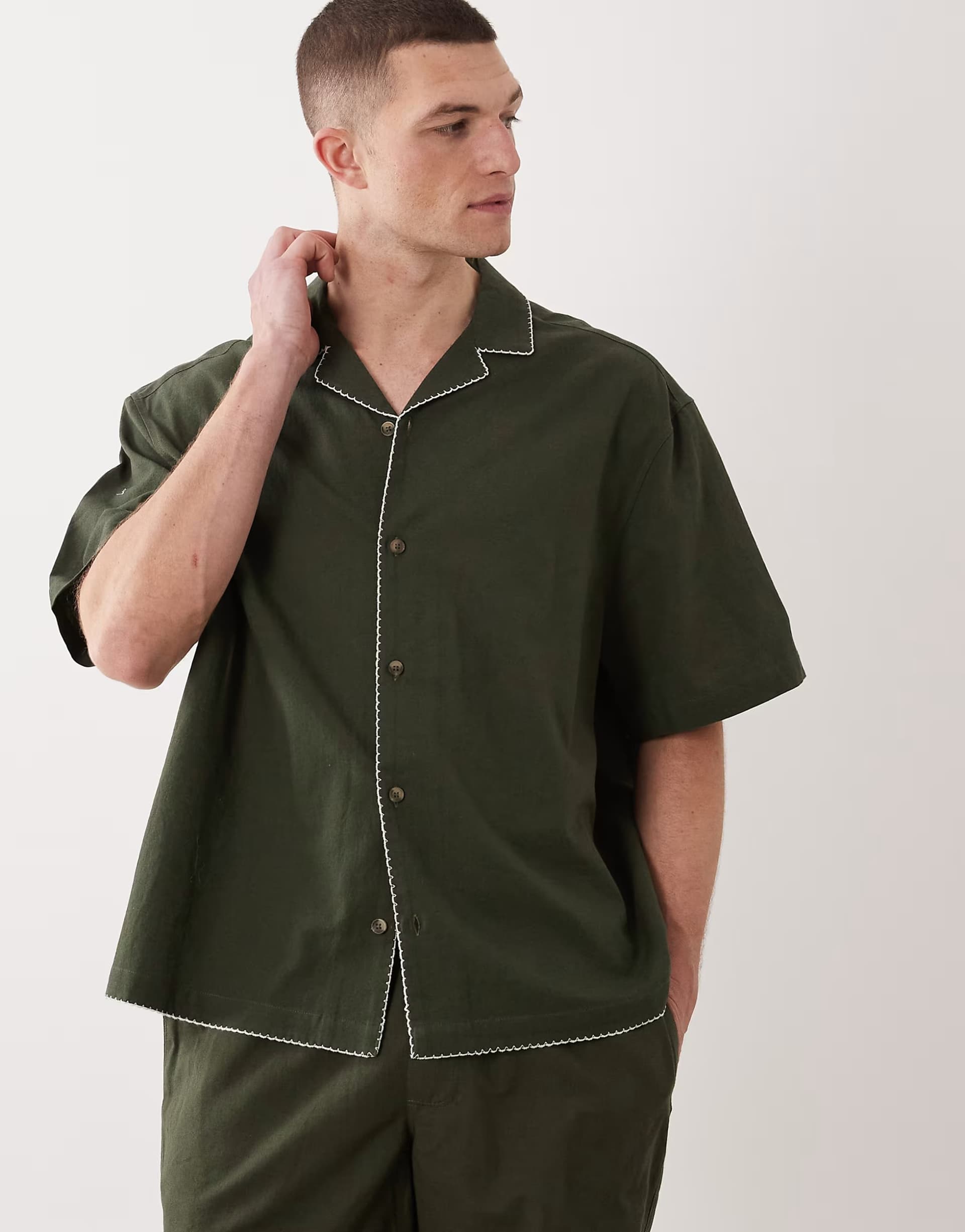 ASOS ASOS DESIGN co-ord oversized revere shirt with linen and embroidery in green