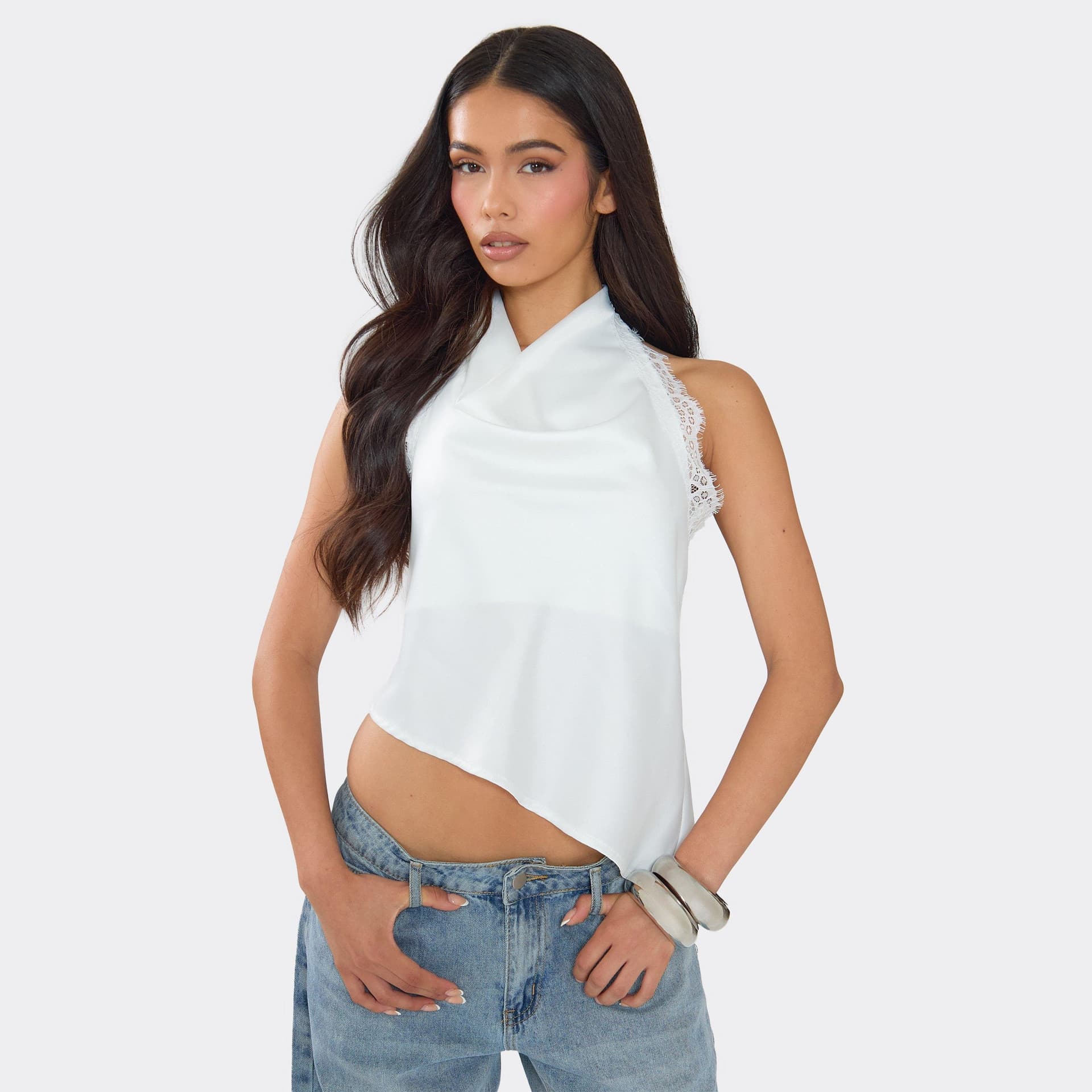 EGO Cowl Halterneck Lace Trim Detail Open Back Top In White Satin, Women's Size UK 6