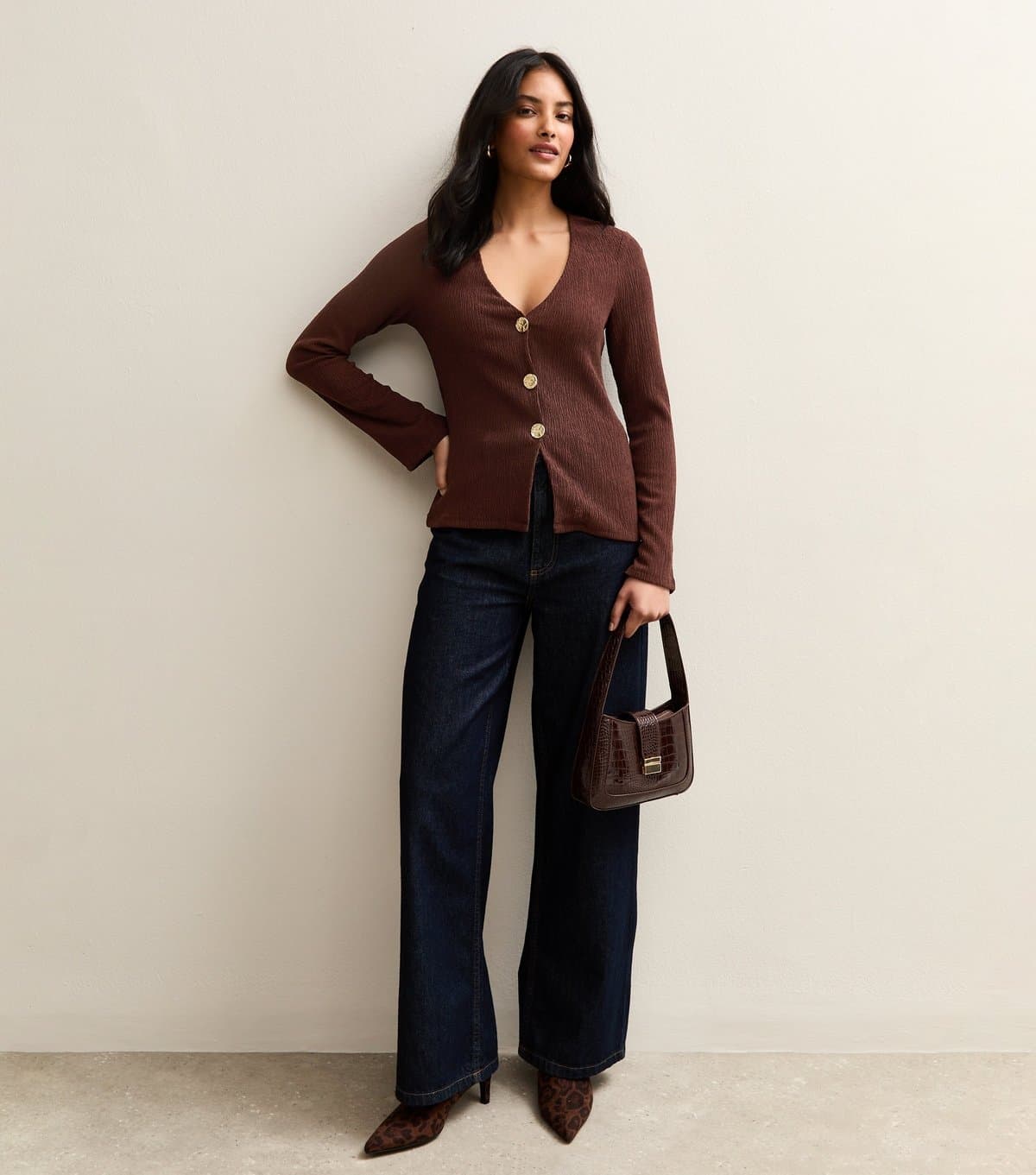 New Look Women's Dark Brown Crinkle Texture Cardigan New Look