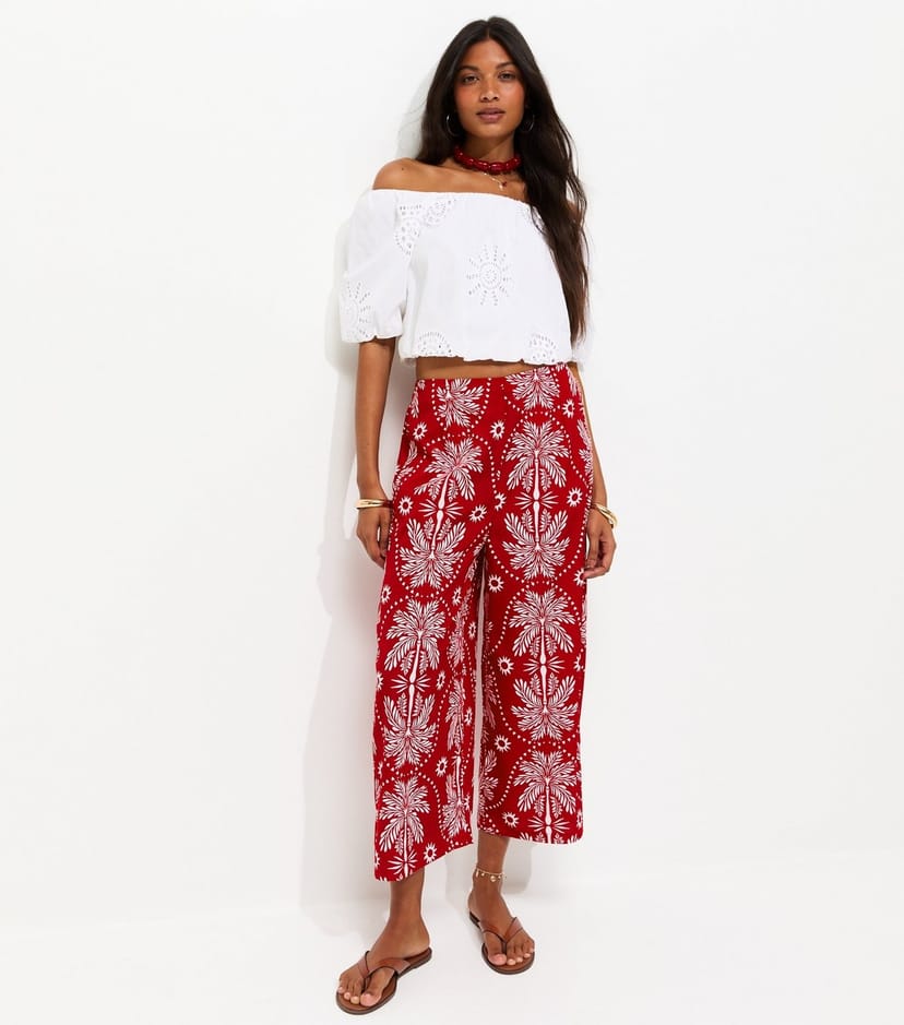 New Look Women's Red Crepe Patterned Palm Tree Print Cropped Trousers New Look - 1