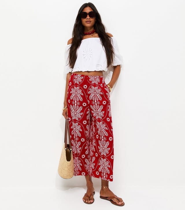 New Look Women's Red Crepe Patterned Palm Tree Print Cropped Trousers New Look - 2