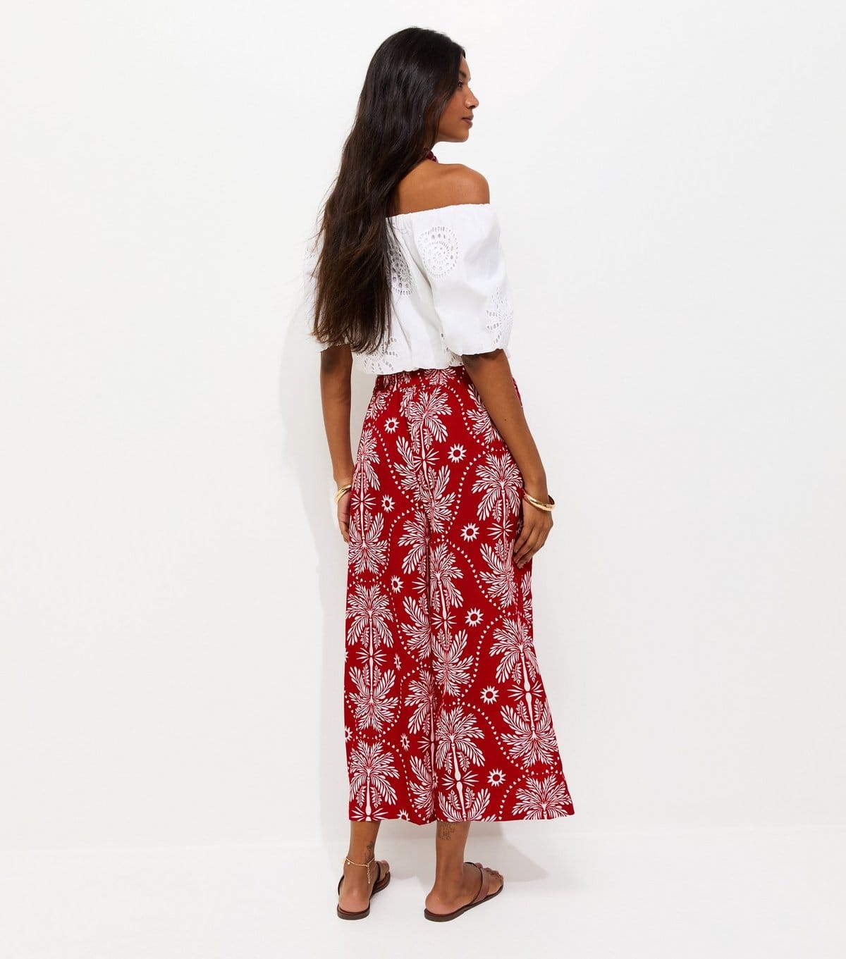 New Look Women's Red Crepe Patterned Palm Tree Print Cropped Trousers New Look - 4
