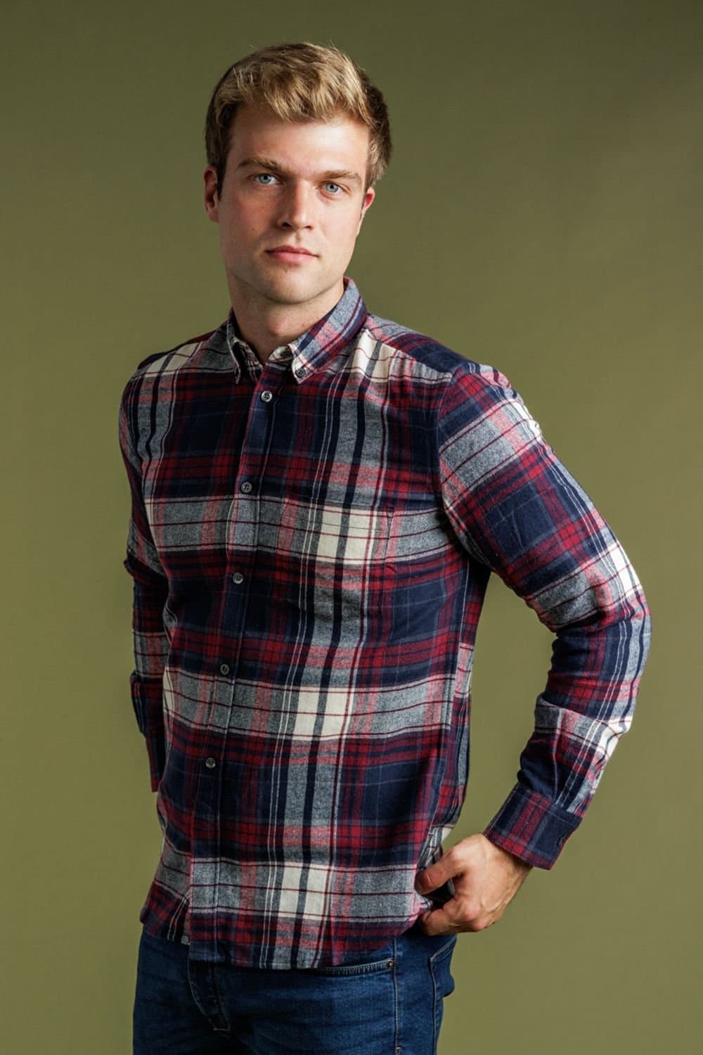 French Connection French Connection Men's Cotton Flannel Check Long Sleeve Shirt in Red
