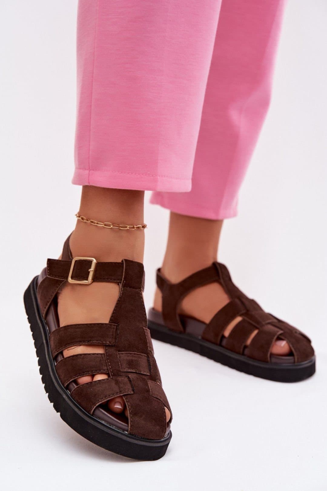 Love Lace Love Lace Women's Roman Style Platform Sandals Suede Adjustable Strap Golden in Brown