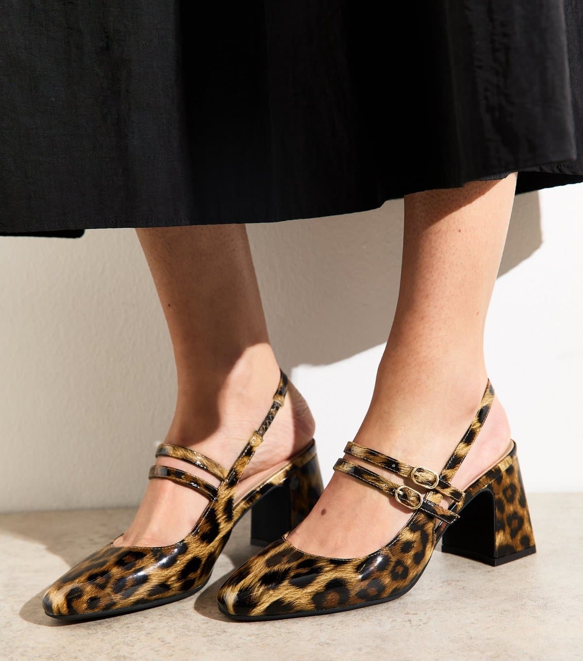 New Look Women's Brown Leopard Print Block Heel Mary Jane Shoes Vegan New Look